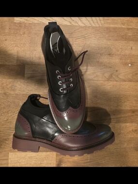 John Fluevog Black, Burgundy & Olive Wingtip Derby